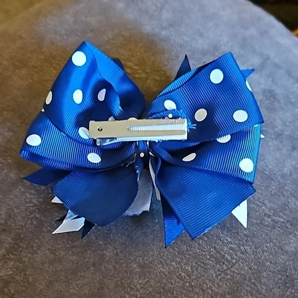 HANDMADE Blue Button Ribbon Coquette Hair Bow Clip